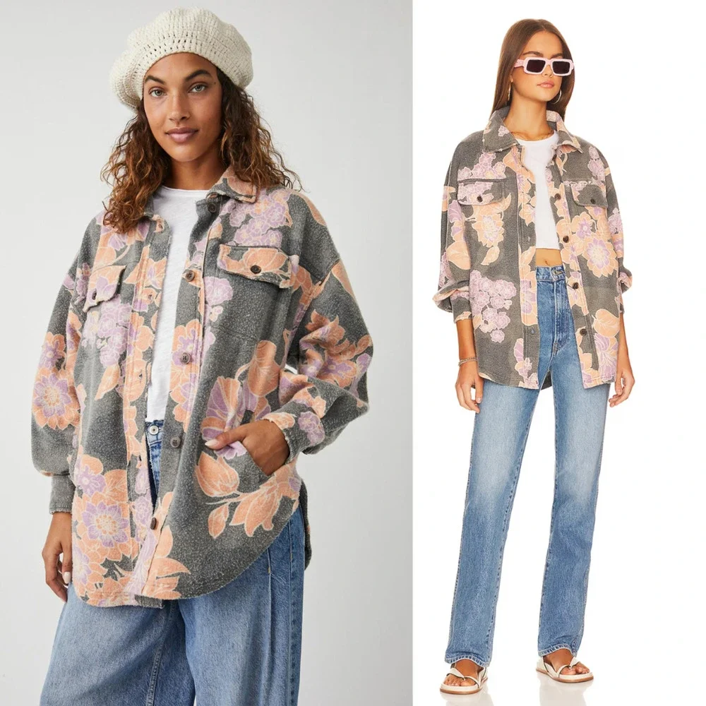 NEW Free People Ruby Printed Jacket Shacket Indie Sleaze Charcoal Combo $178